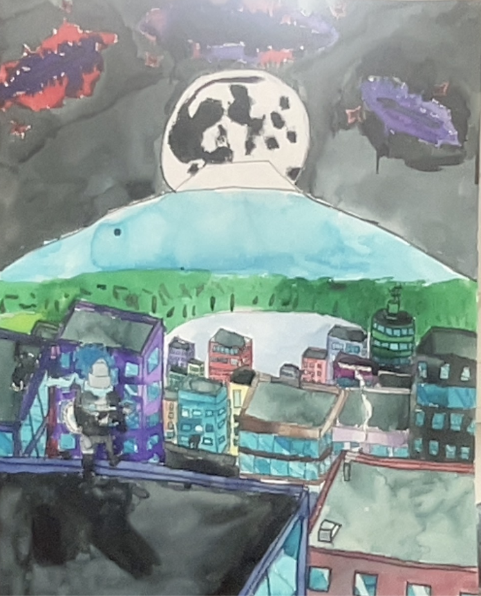 A futuristic cityscape under a large full moon with colorful buildings and a glowing blue dome in the background.