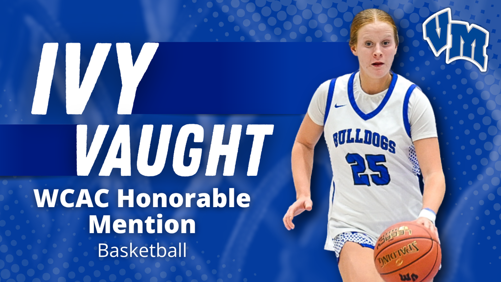Female basketball player Ivy Vaught in Bulldogs uniform holding a basketball, recognized with WCAC Honorable Mention.