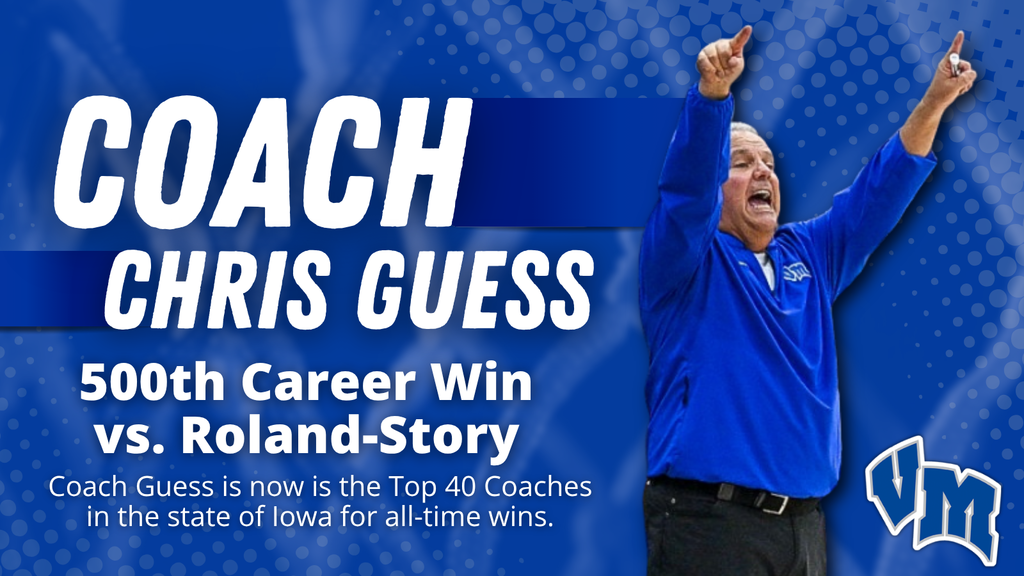 Coach Chris Guess celebrating his 500th career win against Roland-Story, marking a top 40 all-time coaching achievement in Iowa.