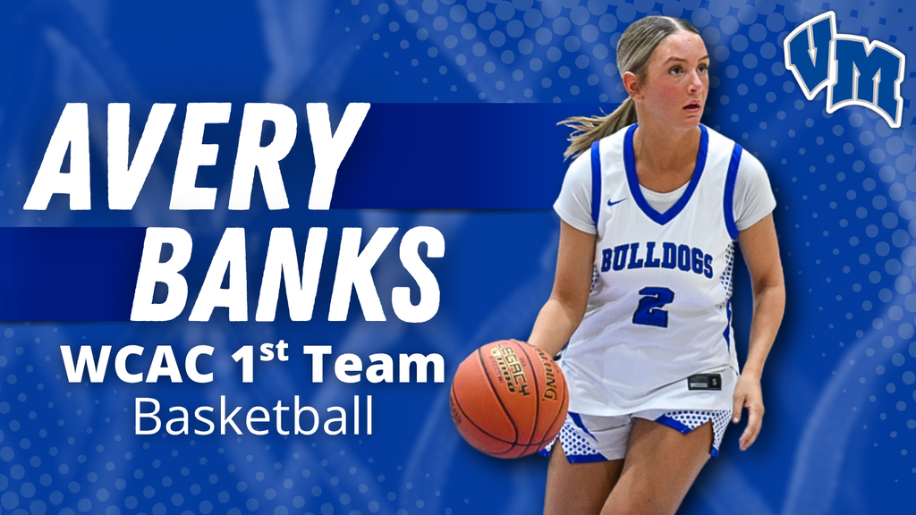 Female basketball player Avery Banks in Bulldogs uniform dribbling a basketball on a blue graphic background.