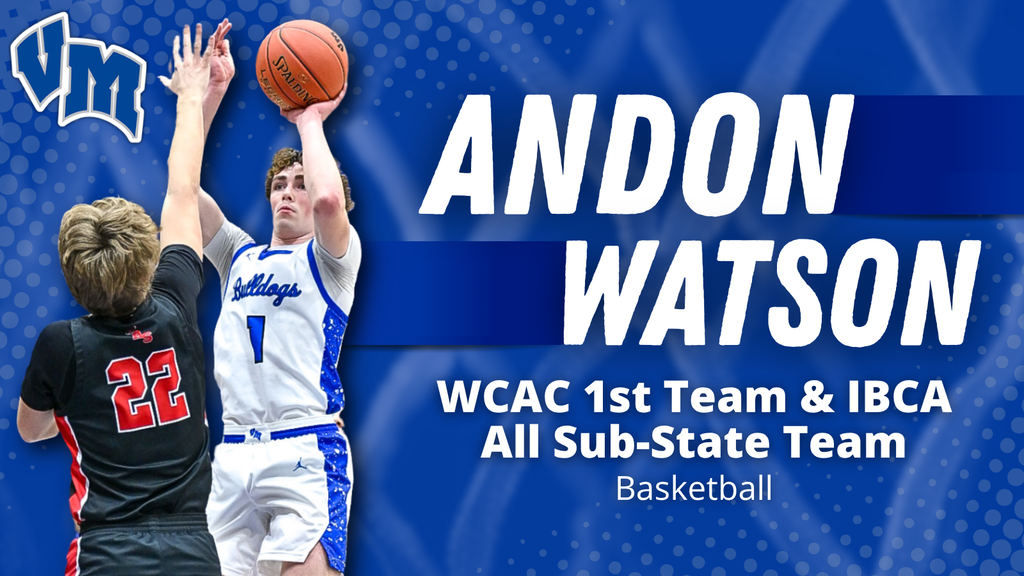 Basketball player Andon Watson in white and blue uniform shooting over a defender in black and red jersey number 22.