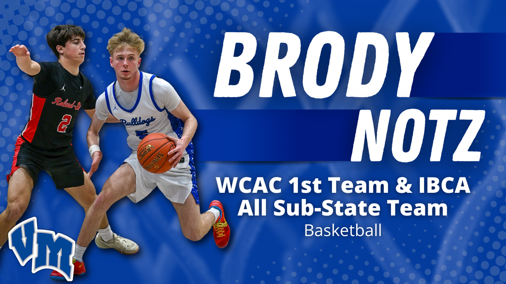 Basketball player Brody Notz dribbling past a defender with text highlighting WCAC 1st Team and IBCA All Sub-State Team honors.