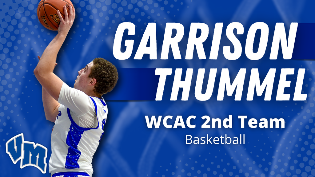 Basketball player Garrison Thummel preparing to shoot, recognized as WCAC 2nd Team honoree.