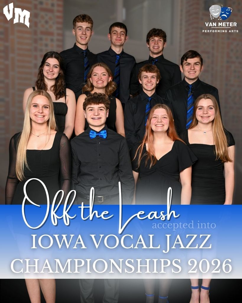 Group of young vocalists dressed in black posing for a photo celebrating their acceptance into the 2026 Iowa Vocal Jazz Championships.