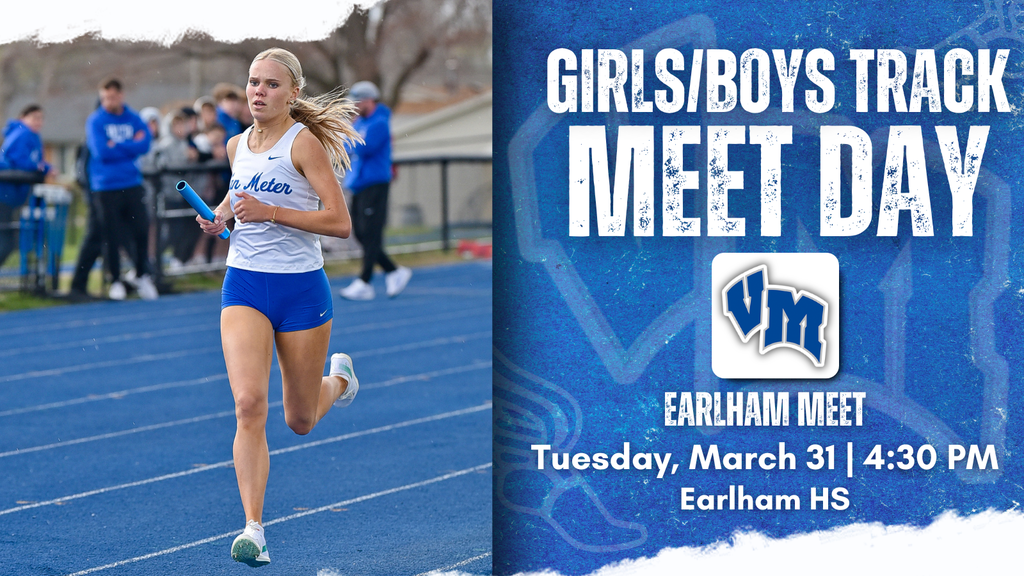 Female athlete running a relay race on a blue track during a school track meet event.