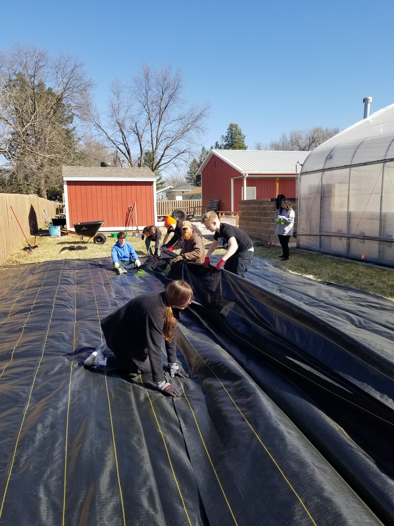 Group of people spreading large black plastic sheeting over garden beds on a sunny day near red farm buildings and a greenhouse.
