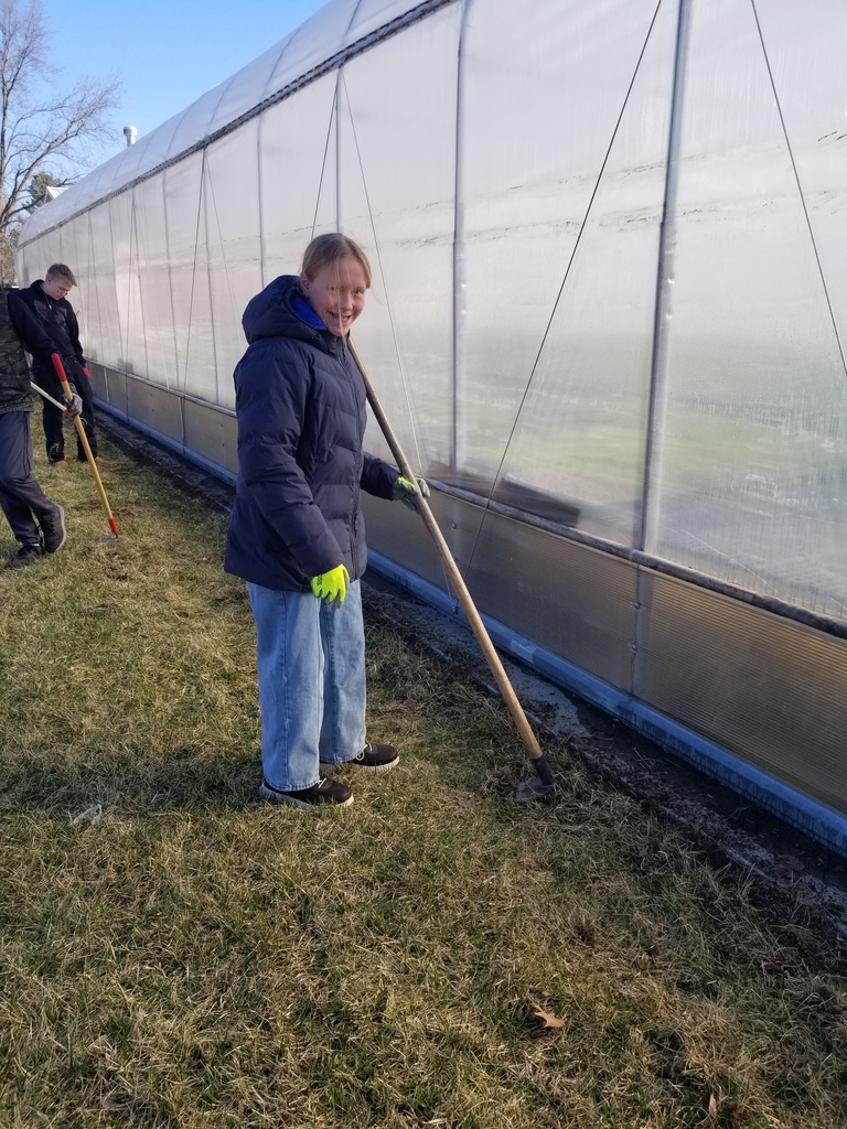 Person wearing a dark jacket and gloves using a hoe to tend soil beside a large greenhouse on a grassy area.