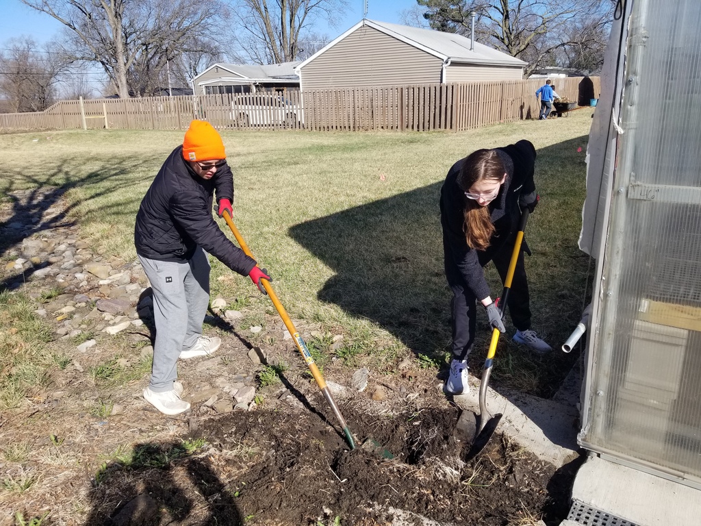 Two people digging soil near a greenhouse on a sunny day with leafless trees and houses in the background.
