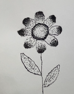 Simple black ink drawing of a flower with rounded petals, two leaves, and a thin stem on a plain background.