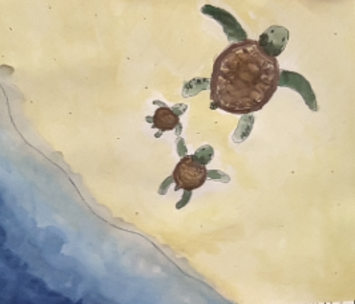 Watercolor painting of three sea turtles moving across sandy beach near blue ocean shoreline.