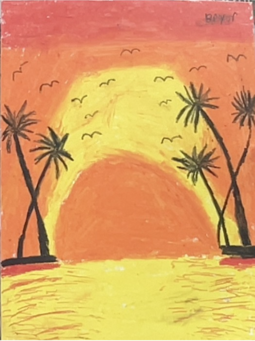 Colorful sunset painting with palm trees silhouetted against orange sky, birds flying above glowing sun over water.