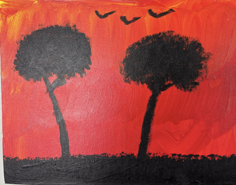 Two dark tree silhouettes on a vivid red background with three birds flying overhead and textured ground below.