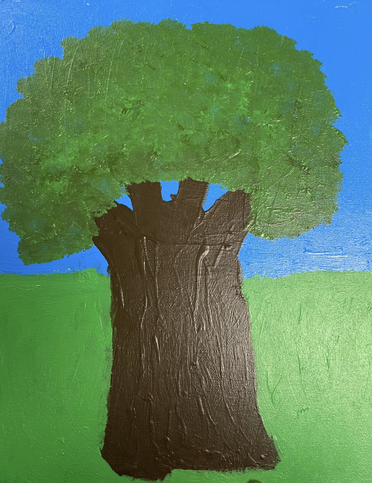 Painting of a large tree with thick brown trunk and dense green canopy against bright blue sky and grassy field.