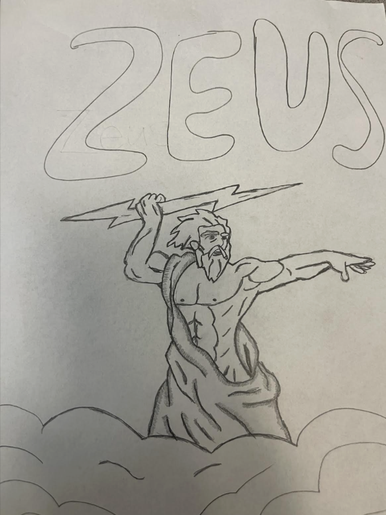 Pencil drawing of Zeus holding a lightning bolt, muscular figure emerging from clouds with “ZEUS” written above.