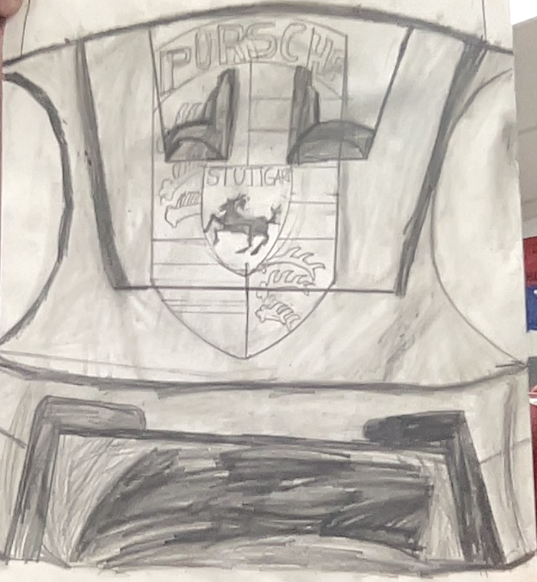 Shaded pencil sketch of a Porsche car front, featuring detailed hood, grille, and centered emblem.