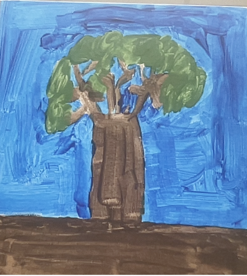 Painting of a stylized tree with thick trunk and rounded green leaves set against a vibrant blue background.