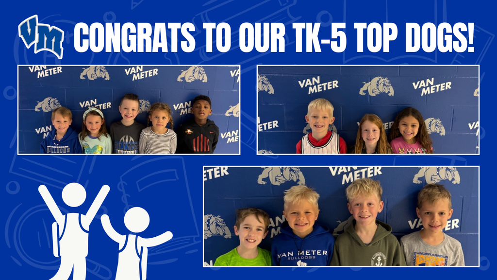 Five children posing in front of a blue Van Meter backdrop celebrating TK-5 top students.