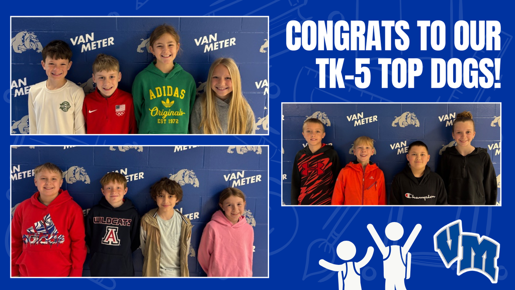 Four young students stand in front of a Van Meter backdrop celebrating TK-5 academic achievement.