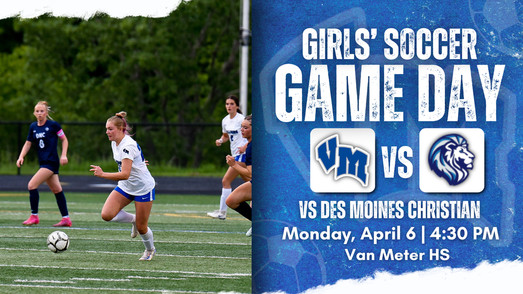 Female soccer player in white jersey dribbling ball on field during game against Des Moines Christian at Van Meter HS.