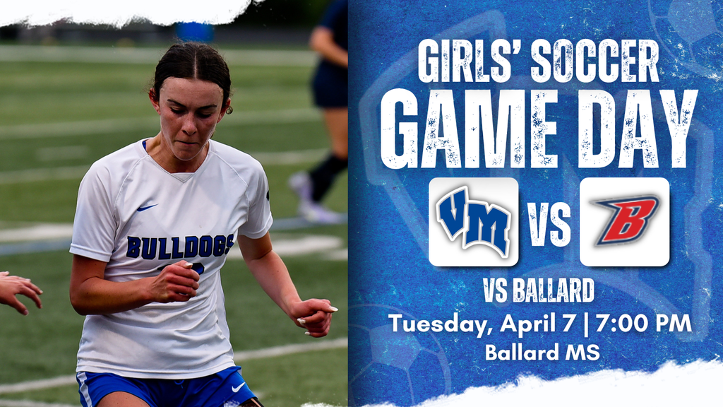 Female soccer player in a Bulldogs uniform running on the field during a game day event announcement.