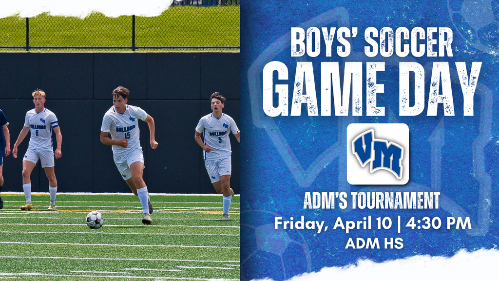 Three boys in white soccer uniforms running on a green field during a game day announcement for a tournament.