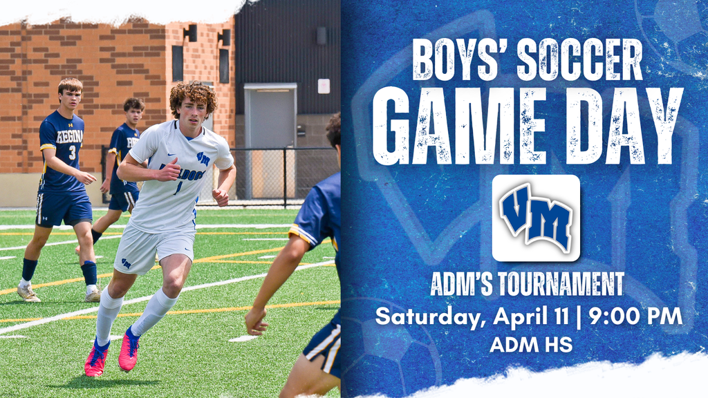 Boys' soccer players in action on a green field during a game, with a promotional banner for ADM's tournament on April 11 at 9 PM.