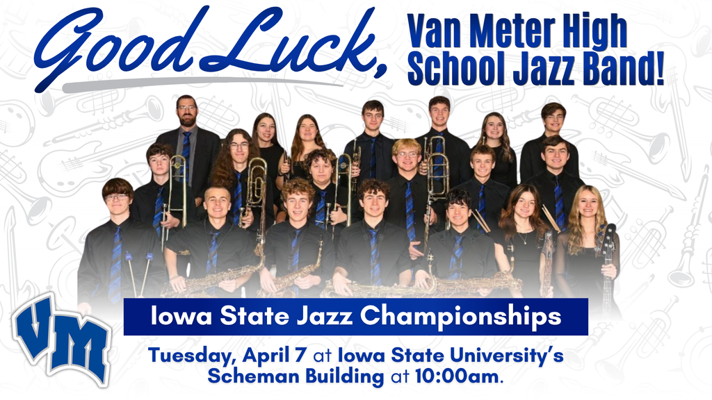 Van Meter High School Jazz Band posing with instruments for Iowa State Jazz Championships announcement.