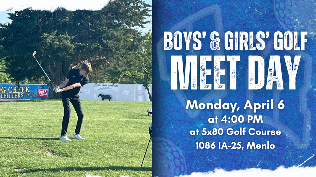 Young golfer swinging a club on a sunny green golf course with trees in the background.