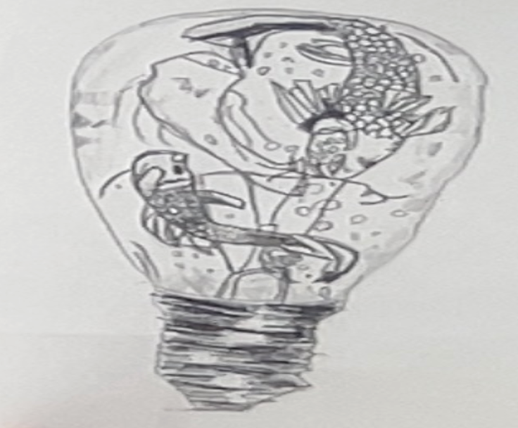 Pencil sketch of a lightbulb filled with sea life, including a fish, crab, and coral shapes.