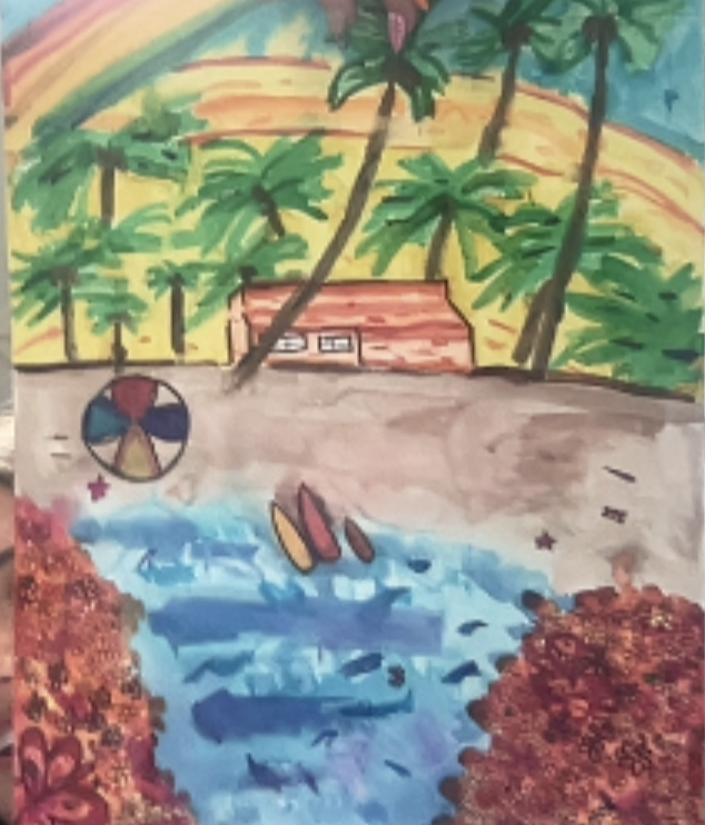 Colorful beach scene with palm trees, small house, surfboards, and fish in blue water under a rainbow sky.