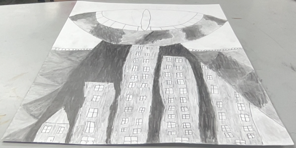 Graphite drawing of tall city buildings beneath a large hovering UFO casting shadows over the skyline.