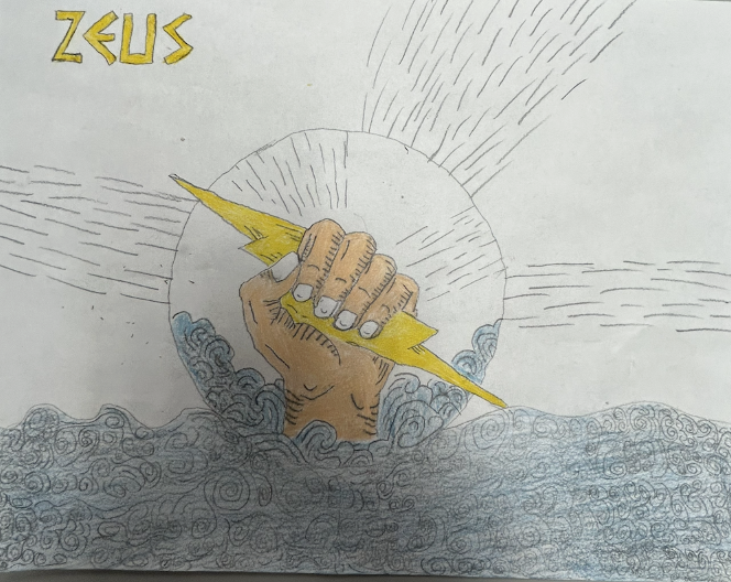 Hand gripping a yellow lightning bolt rising from waves, with “ZEUS” written above and radiating lines.
