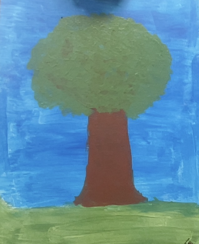 Simple painting of a large green tree with a thick brown trunk on grass against a bright blue sky.