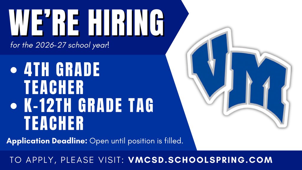 Blue and white hiring announcement for 4th grade and K-12 TAG teachers for 2026-27 school year with application link.
