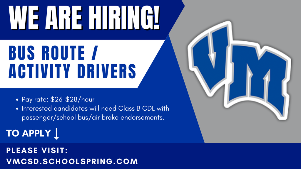 Hiring bus route and activity drivers with pay rate $26-$28/hour, requiring Class B CDL with passenger and air brake endorsements.