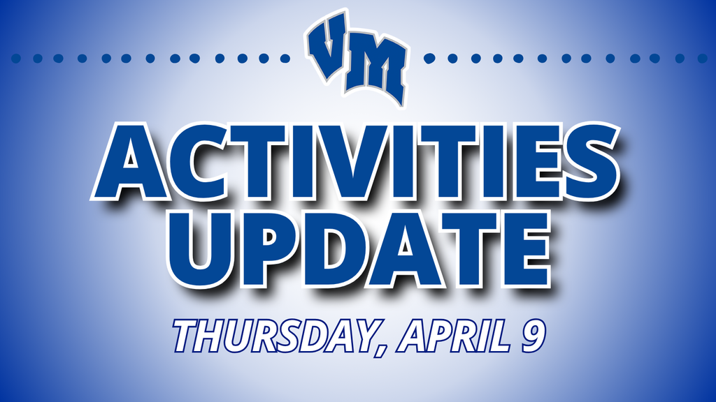 Blue gradient background with bold text announcing activities update for Thursday, April 9, featuring a VM logo at the top.