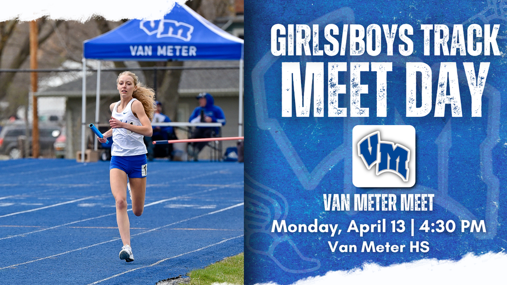 Female athlete running a relay race on a blue track during a school meet at Van Meter High School.