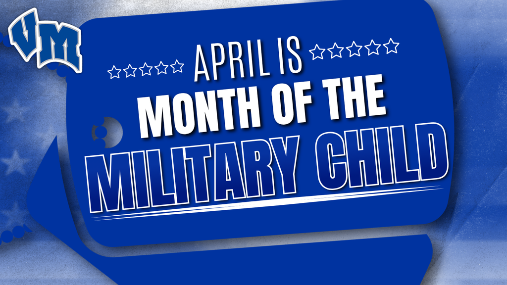 Blue tag graphic announcing April as Month of the Military Child with star accents and bold white and blue text.