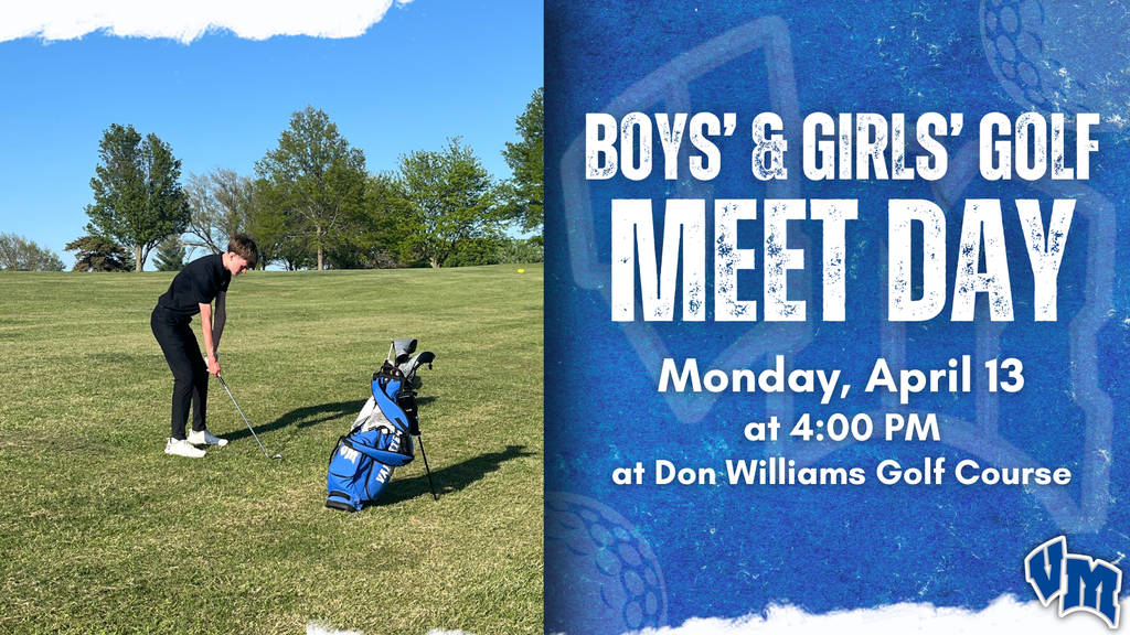 Young golfer preparing to swing on a sunny green golf course with trees in the background and a blue golf bag nearby.