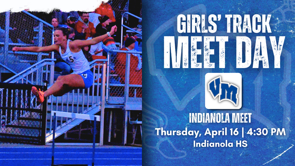 Female athlete mid-air clearing a hurdle during a track event with spectators in the background at a girls' track meet announcement.
