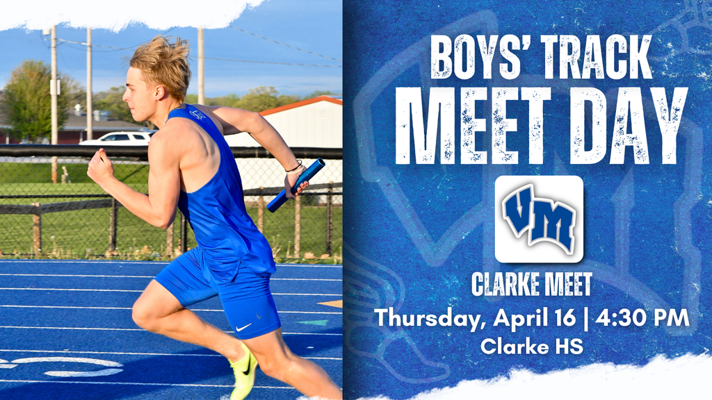 Male athlete in blue uniform sprinting on a track during a relay race at a high school meet.