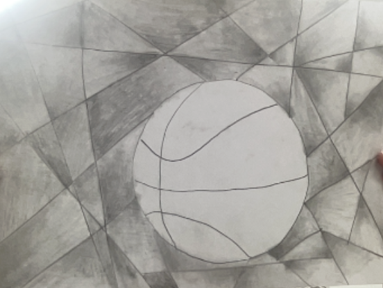 A pencil drawing of a basketball centered within a geometric, shaded background made of intersecting triangular shapes.
