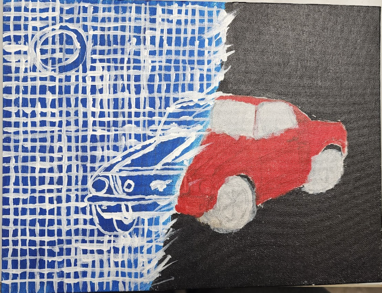 A painted canvas showing a car design split into two styles: the left side is a blue background with a white grid and sketch outline, while the right side is a red car rendered more realistically on a dark background.