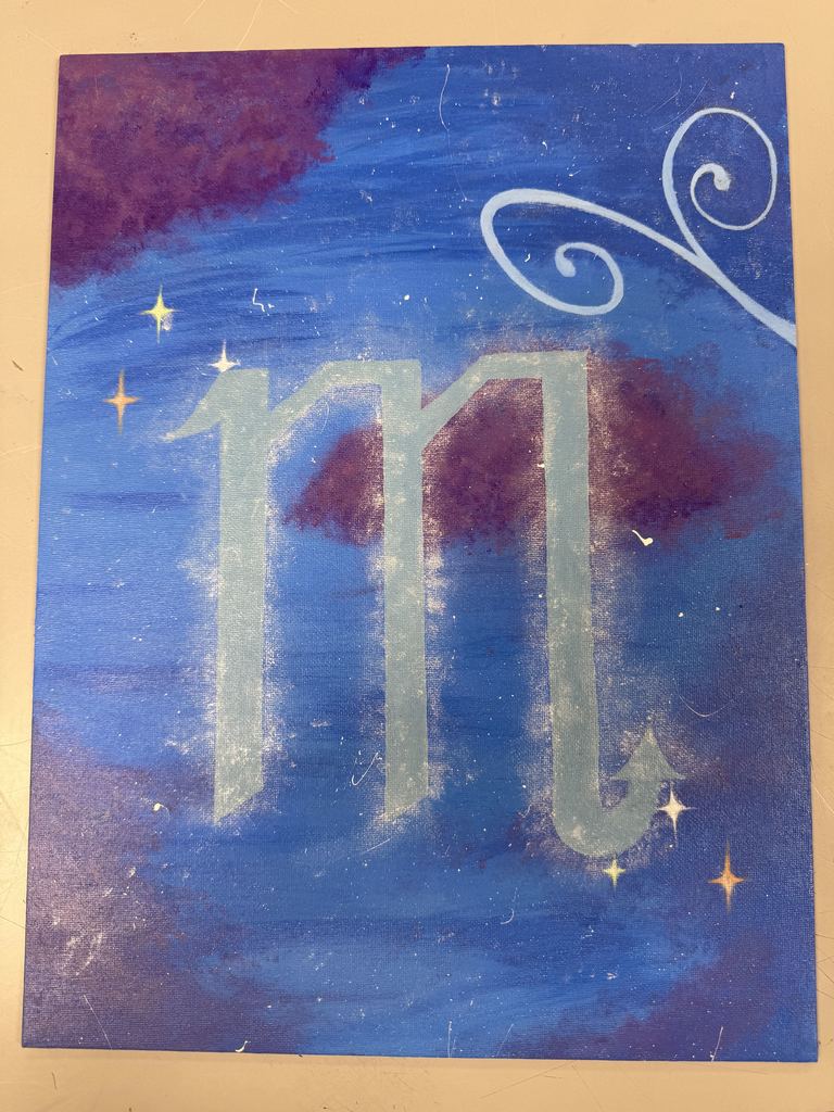 A painted canvas with a blue and purple galaxy-like background, featuring a large stylized Scorpio zodiac symbol in light color, along with small stars and decorative swirls.
