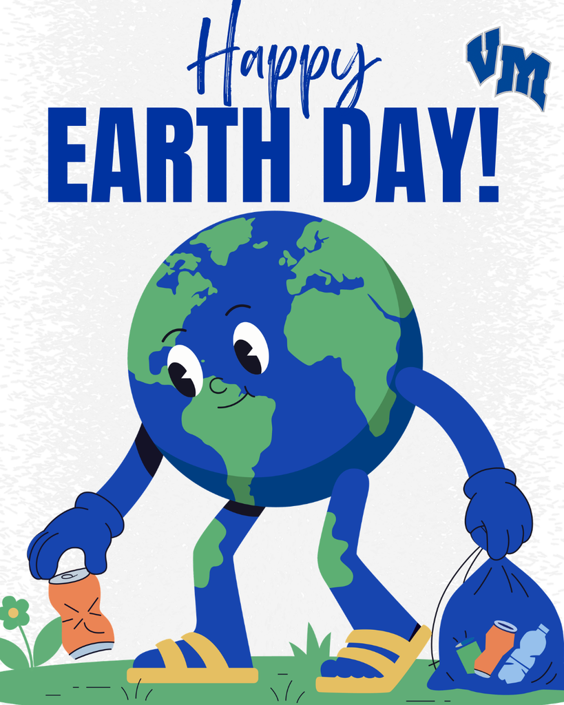 Cartoon Earth character wearing sandals happily picking up trash and holding a bag of recyclables under a Happy Earth Day message.