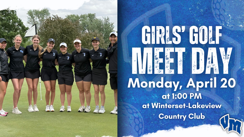 Girls' golf team posing together on a golf course with trees in the background before their meet day event.