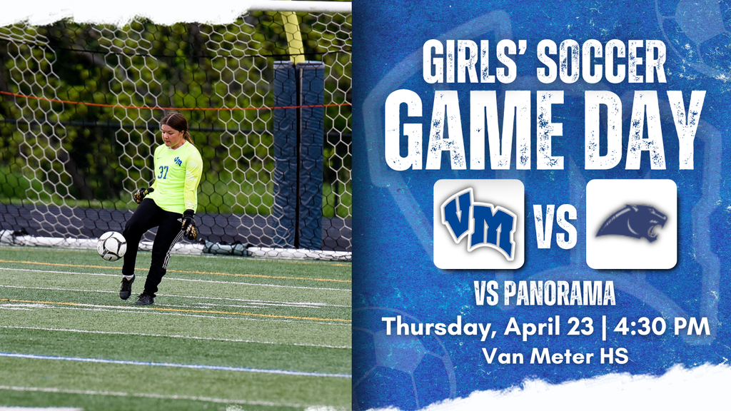 Girl soccer goalie in neon jersey kicking ball on field with net behind her during game day at Van Meter High School.