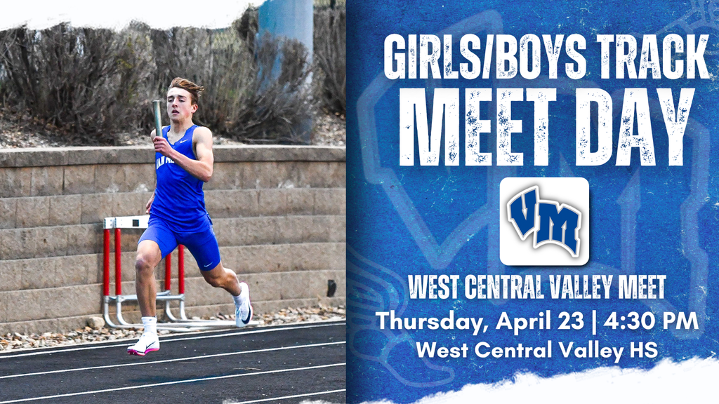 Male athlete in blue uniform sprinting on track during a relay race at West Central Valley Meet Day.