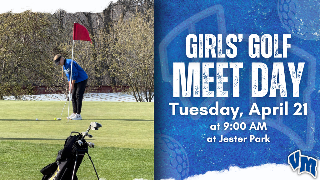 A girl golfer putting on a green near a red flag, promoting Girls' Golf Meet Day on April 21 at Jester Park.