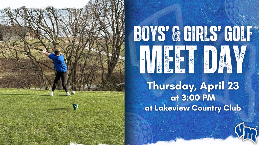Golfer in blue shirt teeing off on a grassy course with bare trees in the background during a boys' and girls' golf meet day announcement.